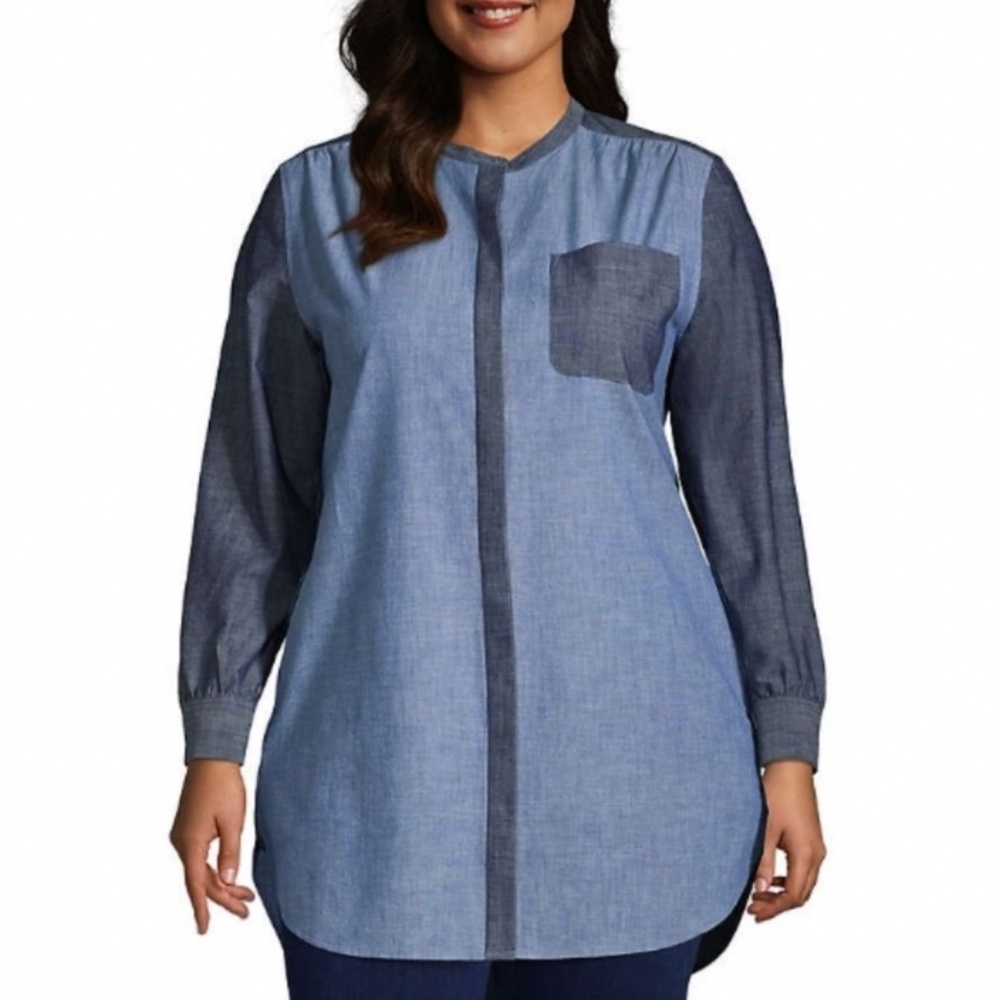LANDSEND WOMENS PLUS SIZE Long Sleeve A line Chambray Tunic with Chest Pocket